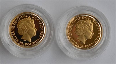 Lot 316 - 10 x Britannia Gold Proof £10 (each 1/10 oz fine gold): 1998 to 2007 inclusive, with certs,...