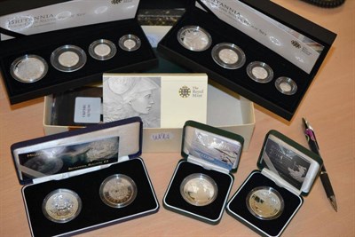 Lot 327 - 2 x Britannia 4-Coin Silver Proof Sets 2010 & 2011,  each comprising £2, £1, 50p & 20p,...