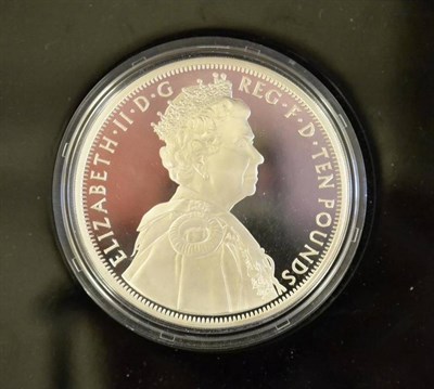 Lot 332 - Diamond Jubilee Commemorative .999 Silver Proof £10,  65mm, 156g (5oz), in blue leatherette...