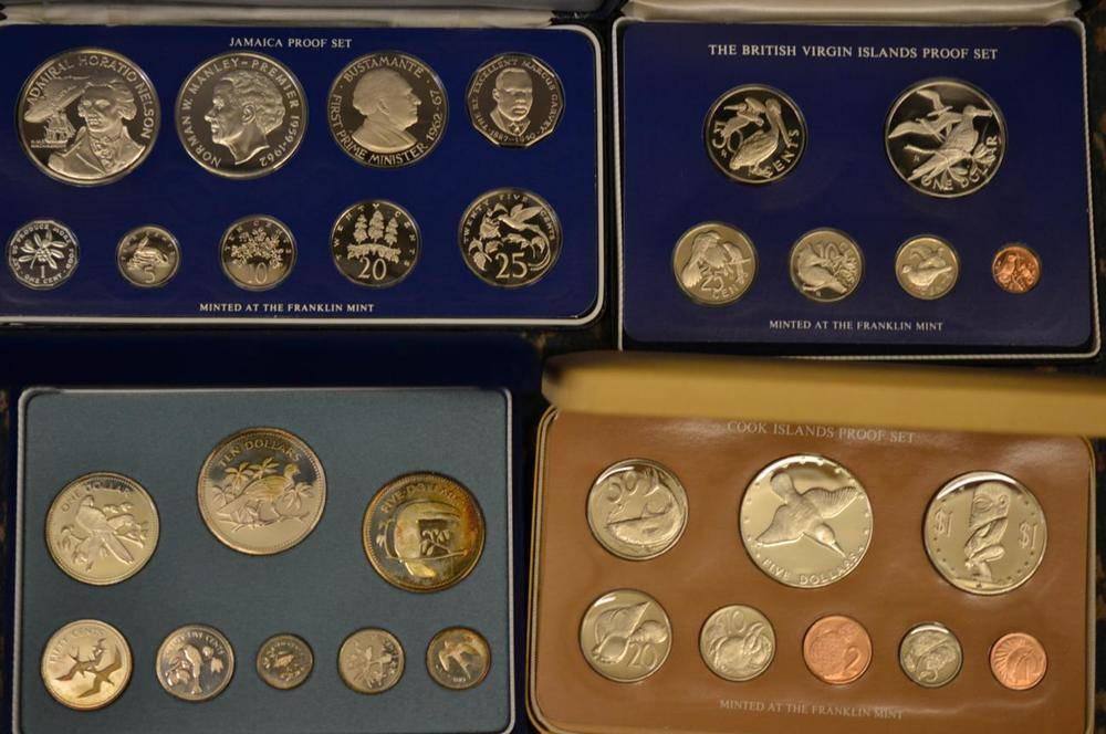 Lot 349 - 9 x Foreign Proof Sets: Belize 1974, 8 coins (all sterling silver) edges toning, British Virgin...