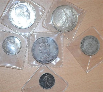 Lot 360 - 5 x Foreign Silver Coins comprising: Netherlands 2½  guilders 1864 AVF, GB Britannia trade...