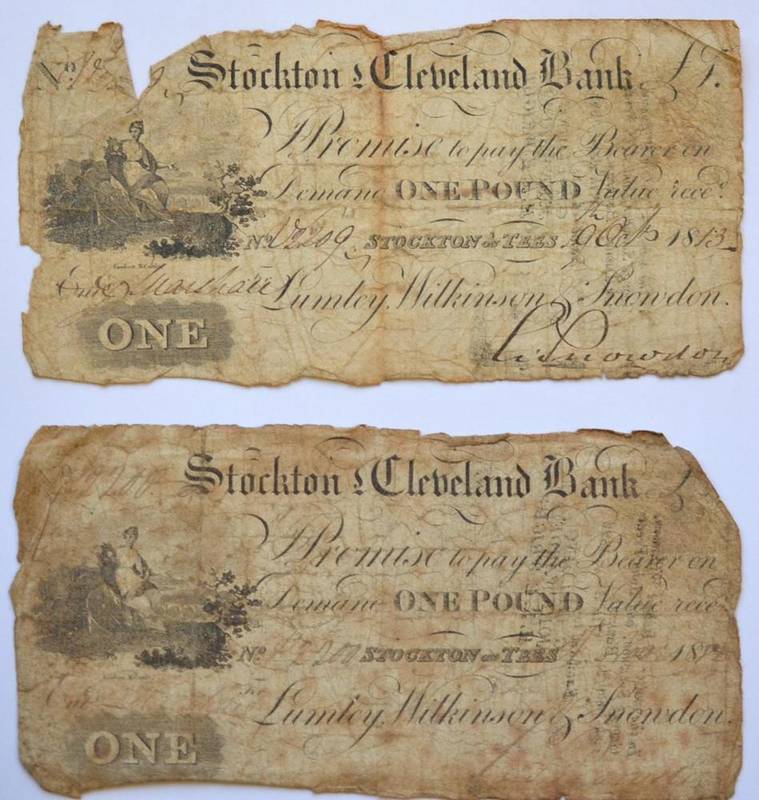 Lot 415 - Stockton and Cleveland Bank  2 x £1 notes dated 1812 & 1813, edge tears & discolouration,...