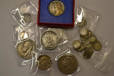 Lot 48 - Miscellaneous English Silver Coins comprising: 2 x crowns 1935, one with obv. graffiti VF,...
