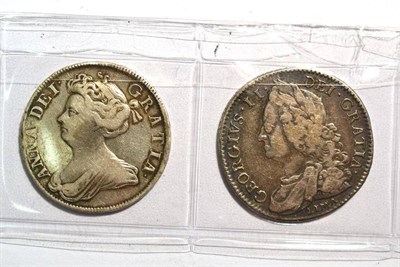 Lot 81 - Anne Halfcrown 1708 SEPTIMO, minor flecking/hairlines o/wise AVF & George II Halfcrown 1746...