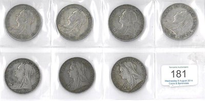 Lot 181 - Victoria, 7 x Old Head Crowns: 1893 LVI, 1894 LVIII, 1895 LVIII,  1896 LIX, 1897 LXI, 1898 LXII...