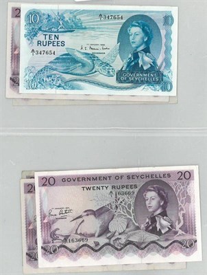 Lot 355 - Seychelles, 6 x Banknotes comprising: 10 rupees 1st January 1968, Queen's portrait at right, turtle