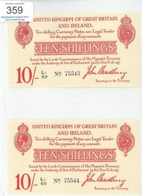 Lot 359 - Treasury Notes: 2 x Consecutively Numbered 10 Shilling Notes, Bradbury 2nd Issue (January...