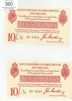 Lot 360 - Treasury Notes: 2 x 10 Shilling Notes, Bradbury 2nd Issue (January 1915), both L1/69, as issued