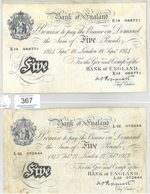 Lot 367 - 3 x BofE White £5: Peppiatt London 18 Sept 1944, creases & ingrained dirt Fine; Peppiatt...