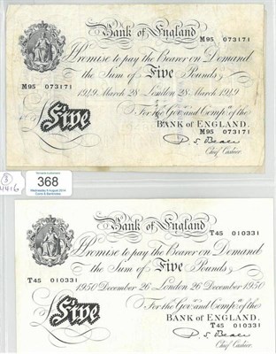 Lot 368 - 3 x BofE White £5: Beale London March 28 1949 handwriting in ink & ink stamp on rev., wrinkles &