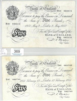 Lot 369 - 3 x BofE White £5: Beale London 8 May 1950, Beale London 13 Feb 1951, Bank of Scotland stamp...