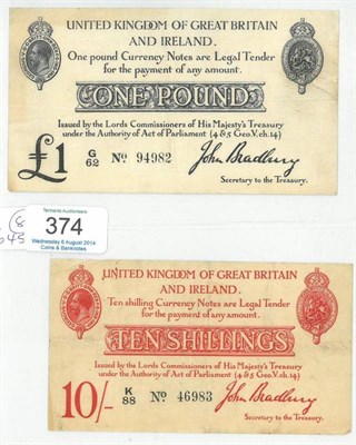 Lot 374 - 2 x Treasury Notes: £1 Bradbury 2nd Issue (Oct 1914) G/62 & 5 serial numbers, light creases VF &