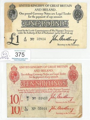 Lot 375 - 3 x Treasury Notes: £1 Bradbury 2nd Issue (Oct 1914) J/13, creases, edge tears &...