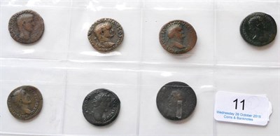 Lot 11 - Roman Imperial, 7 x Copper & Brass Coins comprising: Tiberius copper as, post-accession issue, rev.