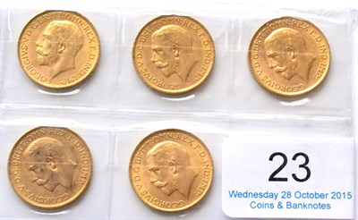 Lot 23 - George V, 5 x Sovereigns: 1911, 1912, 1913, 1914 & 1915, AVF to GVF
