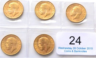 Lot 24 - George V, 5 x Half Sovereigns: 1911, 1912, 1913, 1914 & 1915, generally VF or+