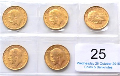 Lot 25 - George V, 5 x Half Sovereigns: 1911, 1912, 1913, 1914 & 1915, generally VF or+