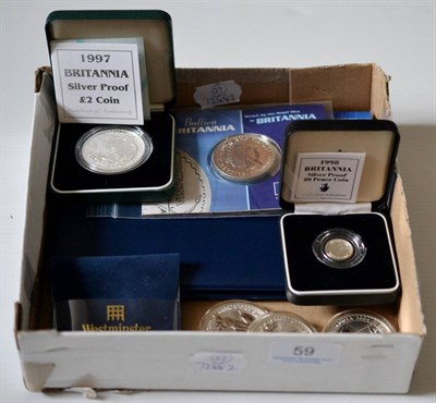 Lot 59 - 7 x Britannia Silver £2 Coins, each 1oz fine silver, comprising: 1997(proof, with cert, in...