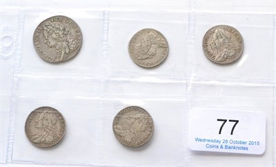 Lot 77 - George II Shilling 1758 & 4 x sixpences: 1757(x2) & 1758(x2), generally GFine to AVF