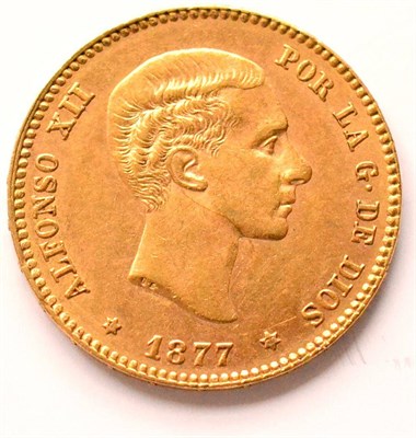 Lot 89 - Spain Gold 25 Pesetas 1877 DE-M, 8.03g, .900 gold, good edge & surfaces, lustrous AEF