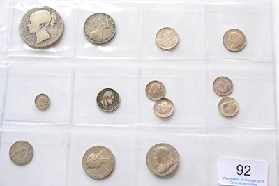 Lot 92 - 10 x English Silver Coins comprising: Victoria crown 1845 VIII Fair, florin 1849 'Godless' VG,...