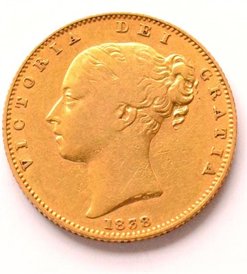 Lot 140 - Victoria, Sovereign 1838 shieldback, first Young Head, minor contact marks, RARE AFine/AVF