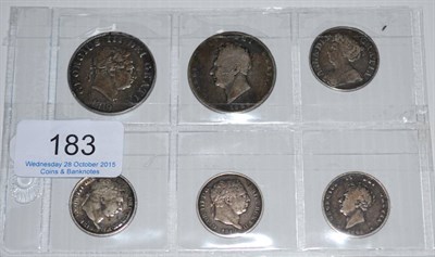 Lot 183 - 6 x Pre-Victoria English Silver Coins comprising:  2 x Halfcrowns: 1819 small dig below bust, minor