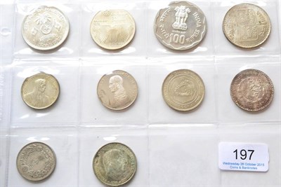 Lot 197 - 10 x Foreign Silver Coins comprising: Maldives 100 rufiyaa 1980 FAO series, Canada 5 dollars...