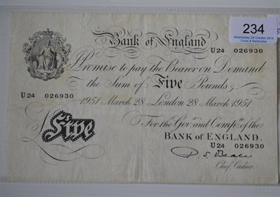 Lot 234 - BofE White £5 Beale, London 28th March 1951. wrinkles & light creases, 'Woodhouse Co-op'...