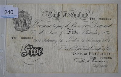 Lot 240 - BofE White £5 Beale 14 Feb 1951, vertical & horizontal creases, wrinkling & ingrained dirt...