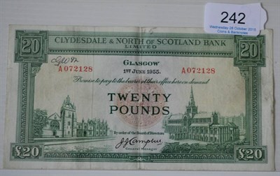 Lot 242 - Clydesdale & North Of Scotland Bank Ltd £20, 01.06.1955, prefix A; vertical centre crease,...