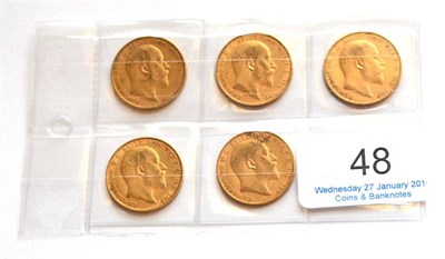 Lot 48 - Edward VII, 5 x Sovereigns: 1902, 1906, 1907, 1908 & 1910, contact marks, AFine to Fine