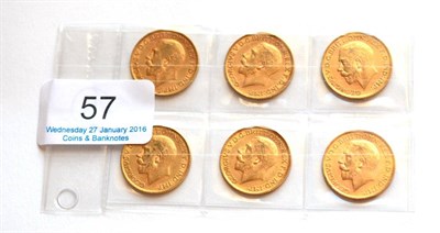 Lot 57 - George V, 6 x Sovereigns: 1911(x2), 1912, 1913(x2) & 1915 Fine to VF