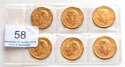 Lot 58 - George V, 6 x Sovereigns: 1911, 1913(x3) & 1915(x2) AVF to VF