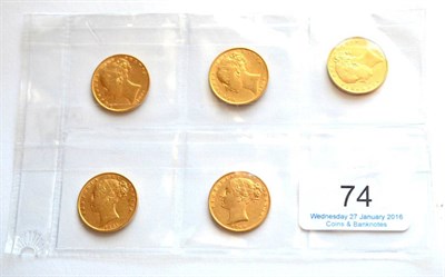 Lot 74 - Victoria, 5 x 'Shieldback' Sovereigns: 1861, 1862, 1864 die 21, 1865 die 14 & 1866 die 33,...