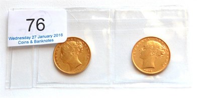 Lot 76 - Victoria, 2 x 'Shieldback' Sovereigns: 1872 die 53 & 1872 no die No, light contact marks GFine...