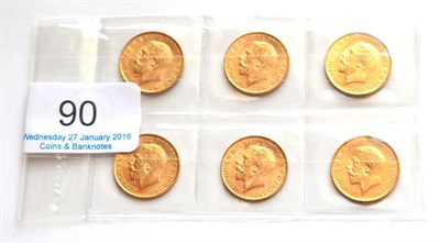 Lot 90 - George V, 6 x Half Sovereigns: 1911, 1912, 1913, 1914, 1915 & 1916s, VF or+