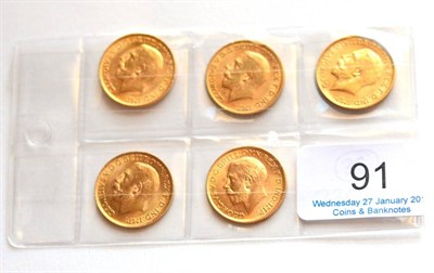 Lot 91 - George V, 5 x Sovereigns: 1911, 1912, 1913, 1914 & 1915, VF or+