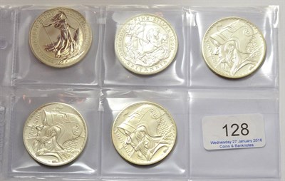 Lot 128 - 5 x Britannia 1oz Silver £2: 1998, 1999 & 2003(x3), all bullion type, BU