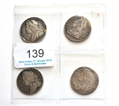 Lot 139 - George II, 4 x Shillings comprising: 1727 edge slightly bent & milling worn at 9 & 3 o'clock,...