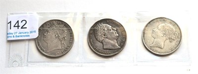 Lot 142 - 3 x Halfcrowns comprising: 1824 laureate head, trivial contact marks; 1836 minor edge...