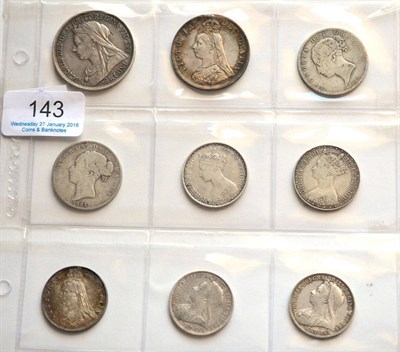 Lot 143 - Victoria, 9 x Silver Coins comprising: crown 1893 LVI, small dig in obv. field, minor edge...