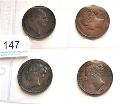 Lot 147 - 4 x Copper Pennies: 1834 contact marks & minor edge imperfections AVF, 1847 OT minor marks VF...