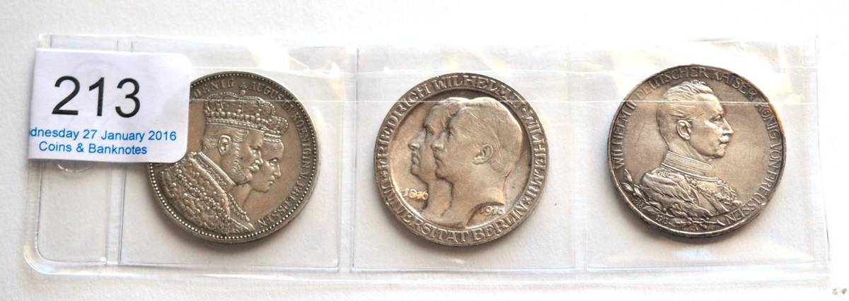 Lot 213 - Prussia, 3 x Commemorative Silver Coins comprising: thaler 1861A 'Coronation of Wilhelm &...