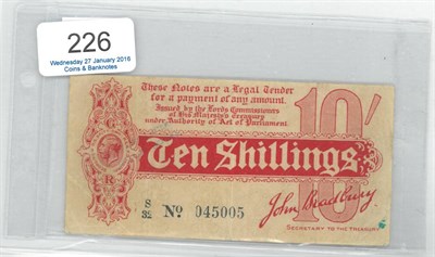 Lot 226 - Treasury Note: 10 shillings Bradbury S/32, First Emergency Issue 1914; vertical creases, corner...