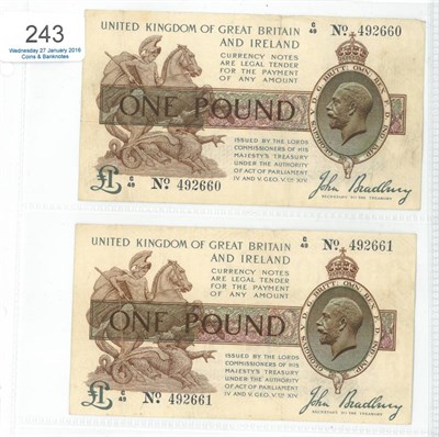 Lot 243 - Treasury Notes: 2 x consecutively numbered £1 Bradbury 3rd issue (Jan 1917), G/49 No 492660-661