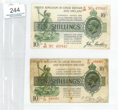 Lot 244 - Treasury Notes: 10 shillings Bradbury 3rd issue (Dec 1918), B/96 followed by No with dash &...