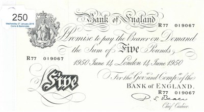 Lot 250 - BofE White £5 Beale, London June 14 1950, very minor wrinkles, a clean note, GEF