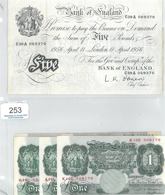 Lot 253 - BofE White £5 O'Brien, London 11 April 1956, light creases/wrinkles GVF, together with 5 x...