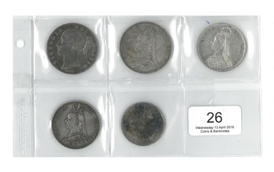 Lot 26 - Victoria, 5 x Silver Coins comprising: crown 1847 X1 rev. die flaw at 9 o'clock, contact marks...